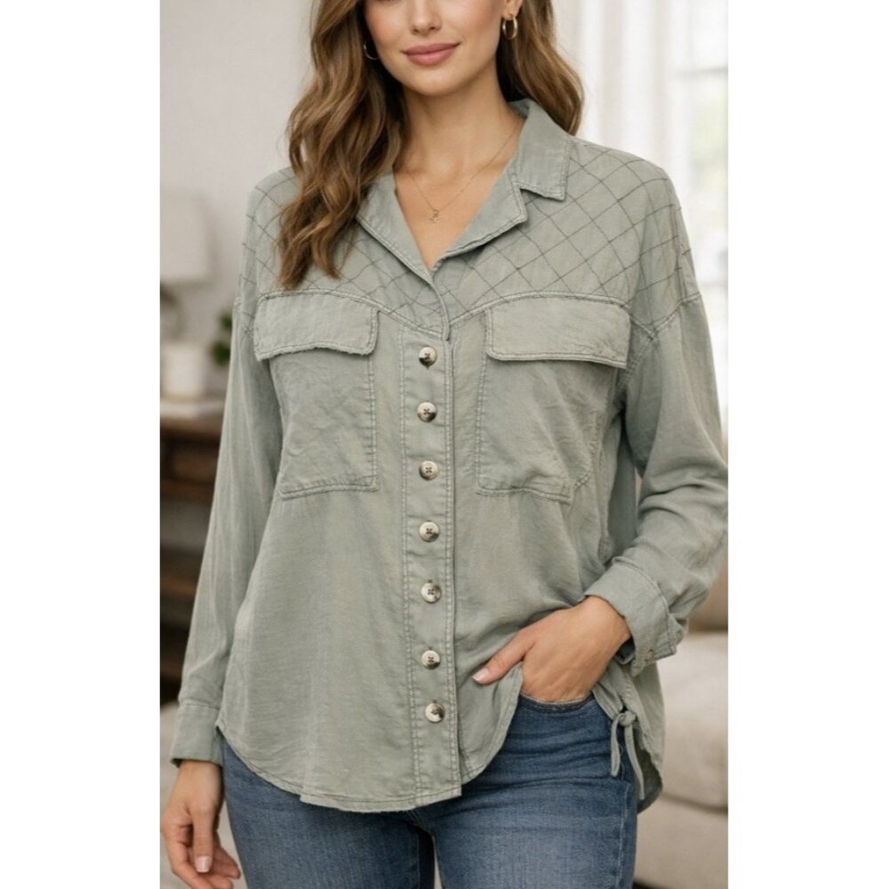 We The Free X Free People Sage Green Quilted Tunic Top Blouse SZ Small Oversized